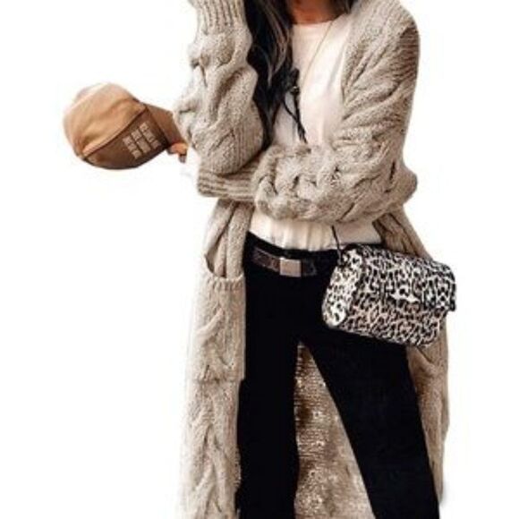 Open Front Cardigan Sweater Long Sleeve Chunky Cable - Picture 1 of 7
